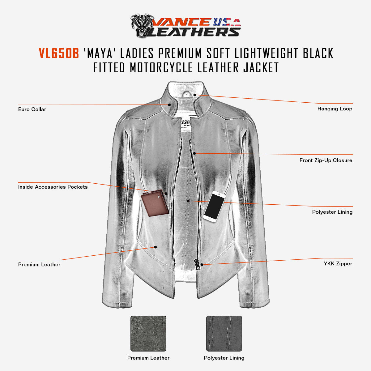Vance Leathers Ladies Premium Soft Lightweight Black Fitted Motorcycle Leather Jacket