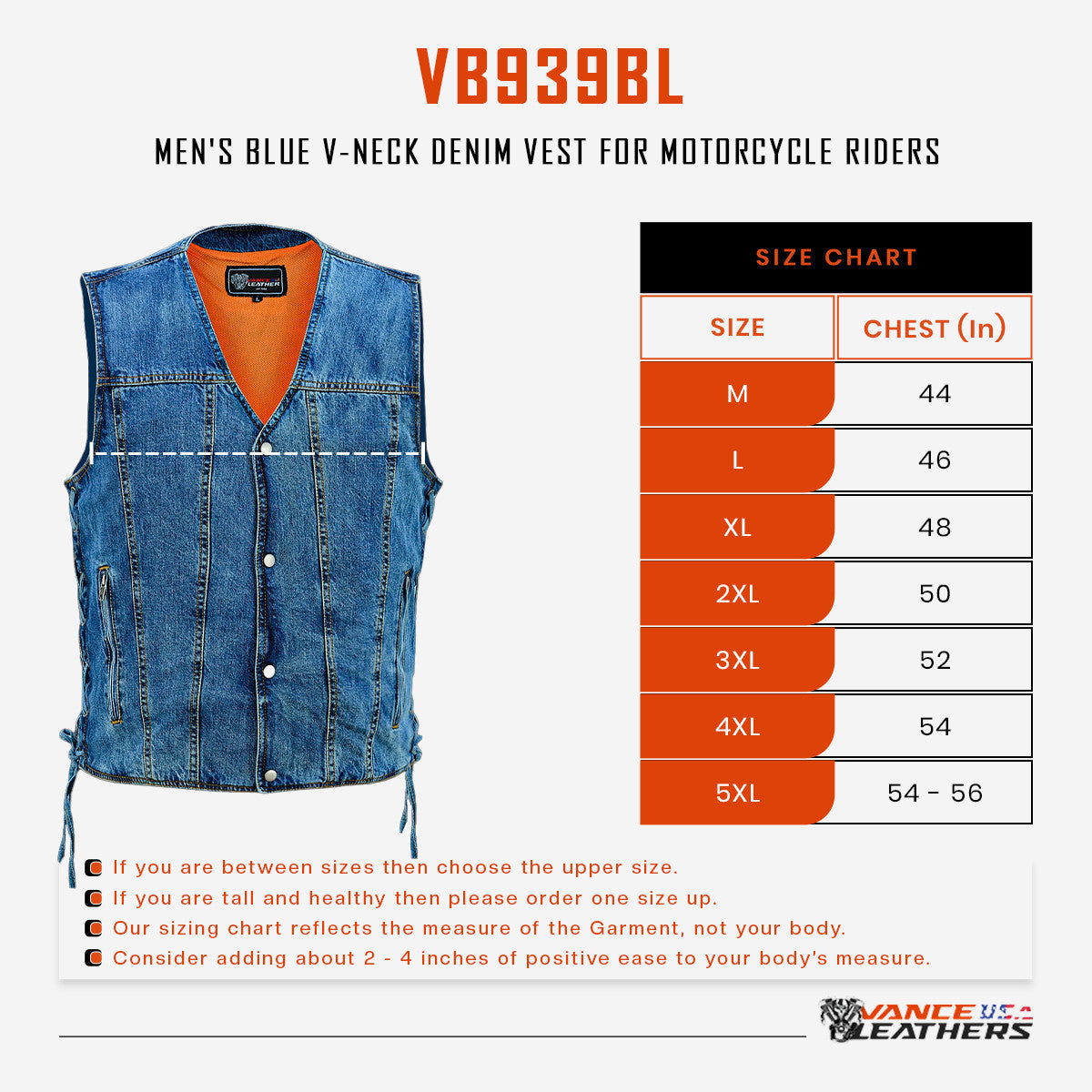 vb939-sizechart-descriptiona1.jpg VB939 Men's Blue Denim Collarless Vest infographic
