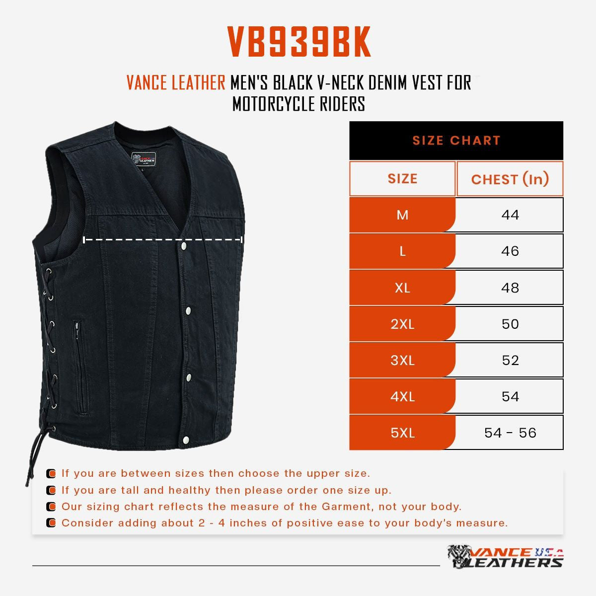 vb939bl-sizechart-descriptiona1.jpg VB939bl Men's black Denim Collarless Vest sizechart