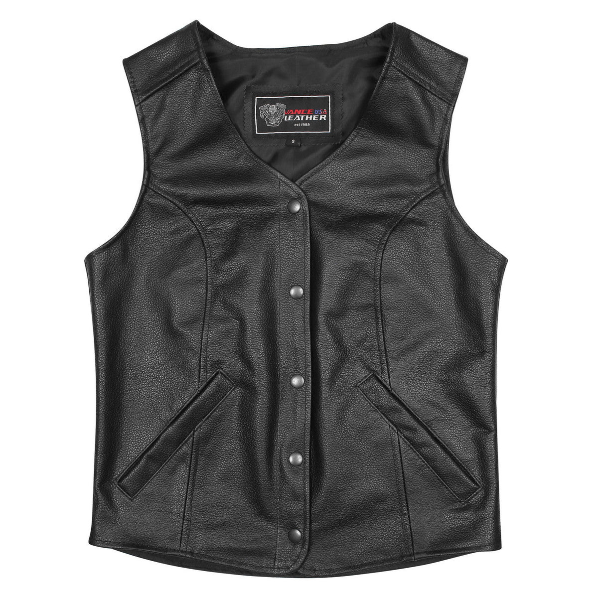 Vance-VL1047S-Womens-Black-Five-Snap-Lady-Biker-Leather-Motorcycle-Vest-front-View