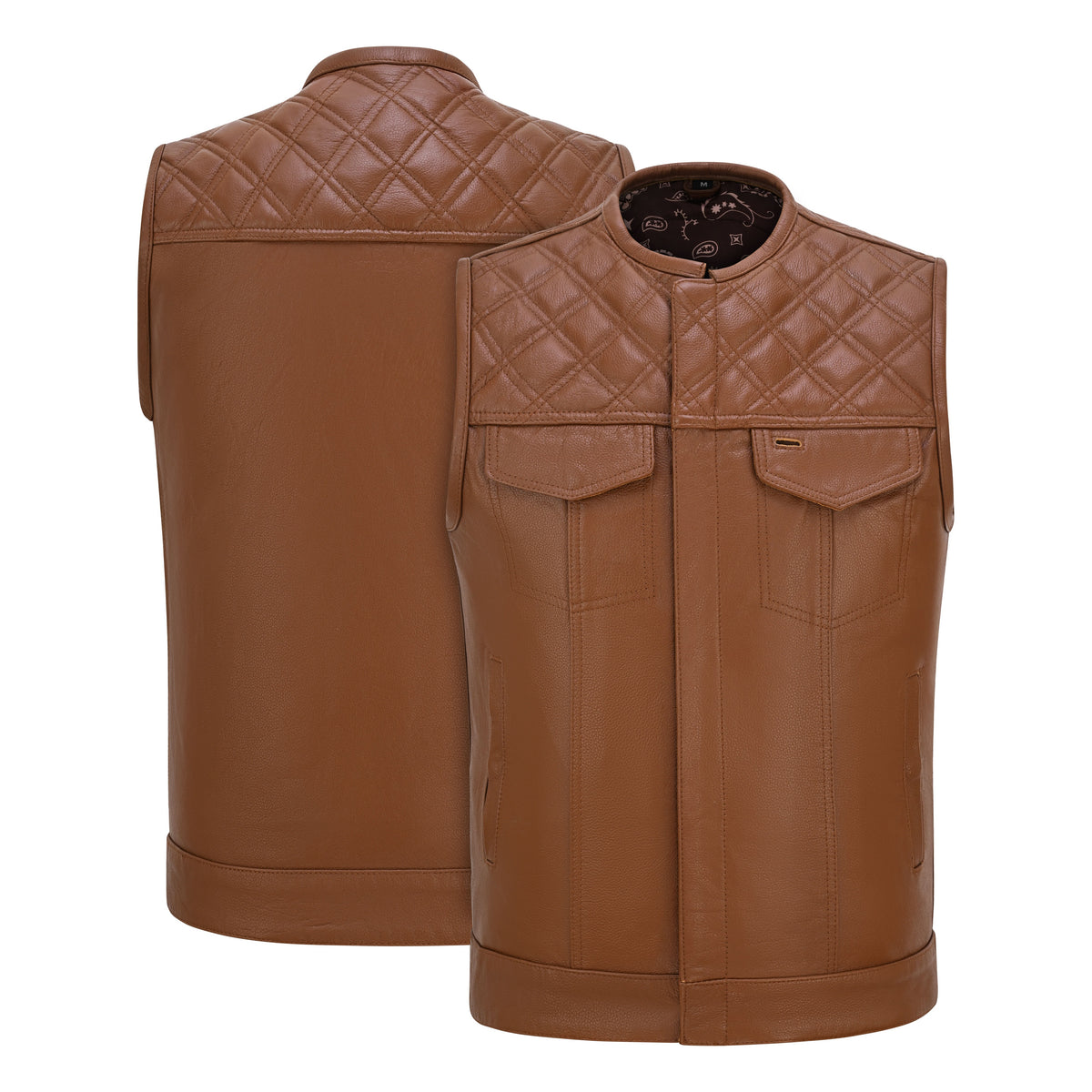 Men's Cognac Brown Leather Motorcycle Riding Club Vest, Diamond Quilted Biker Cut with CCW Pockets