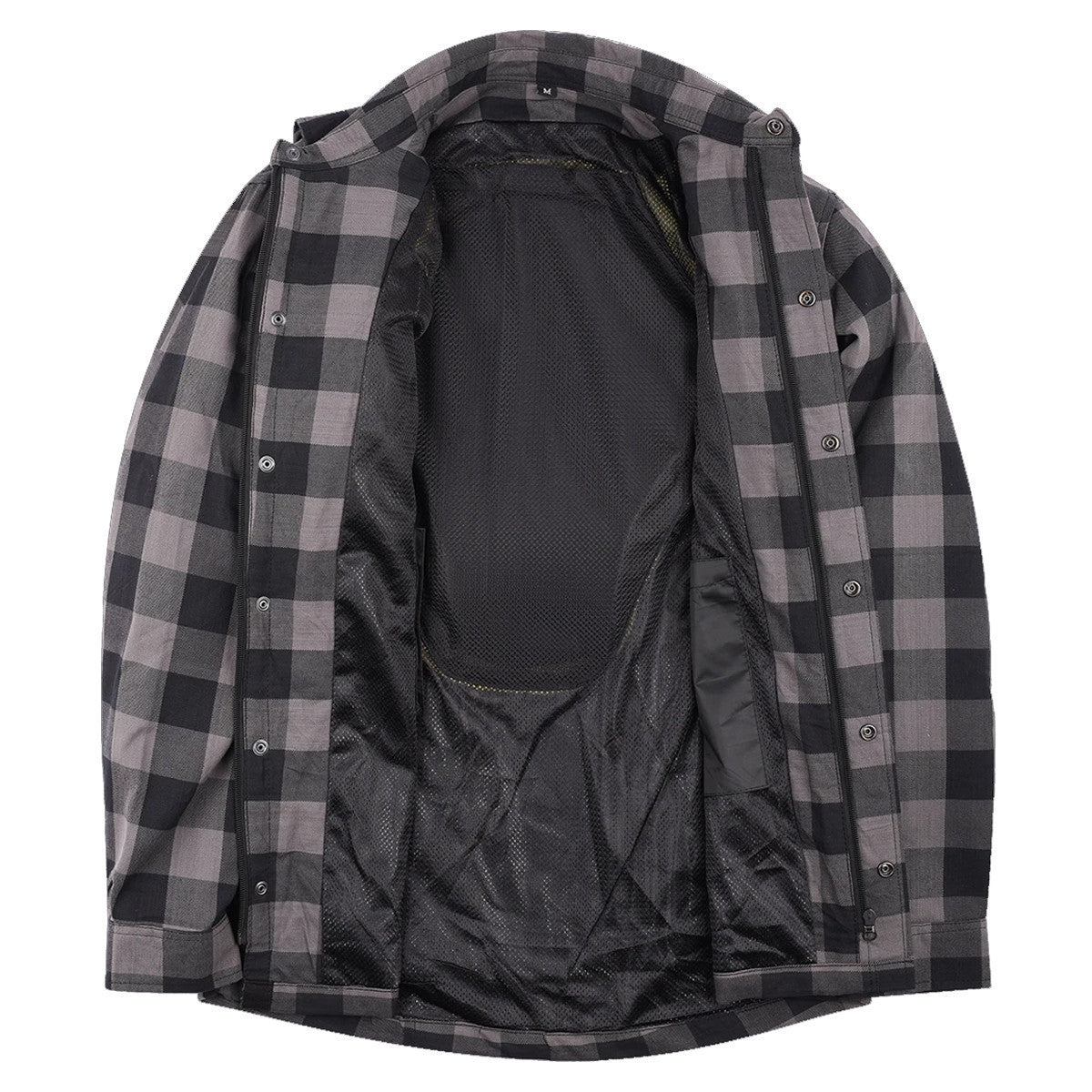 Open grey and black armored flannel riding shirt showing black mesh lining and the back pad pocket.