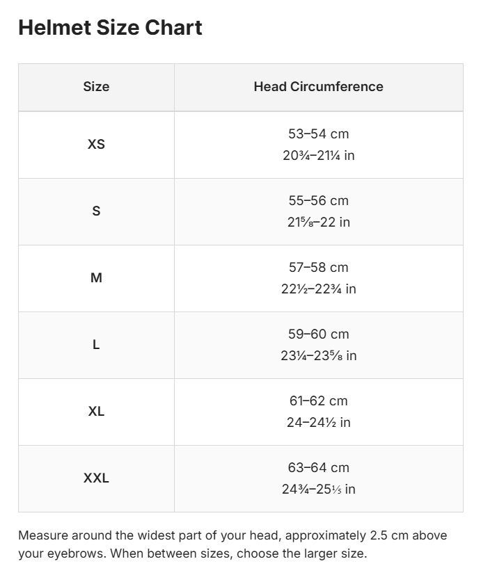 Cardo Motorcycle Helmet - size chart