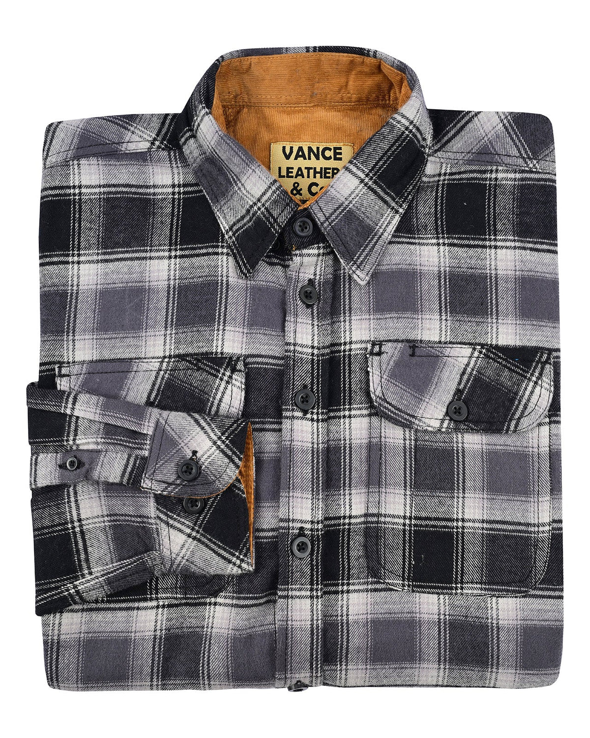 Folded Castlerock plaid flannel shirt showing tan corduroy collar and cuff lining, black buttons and chest pocket flaps.