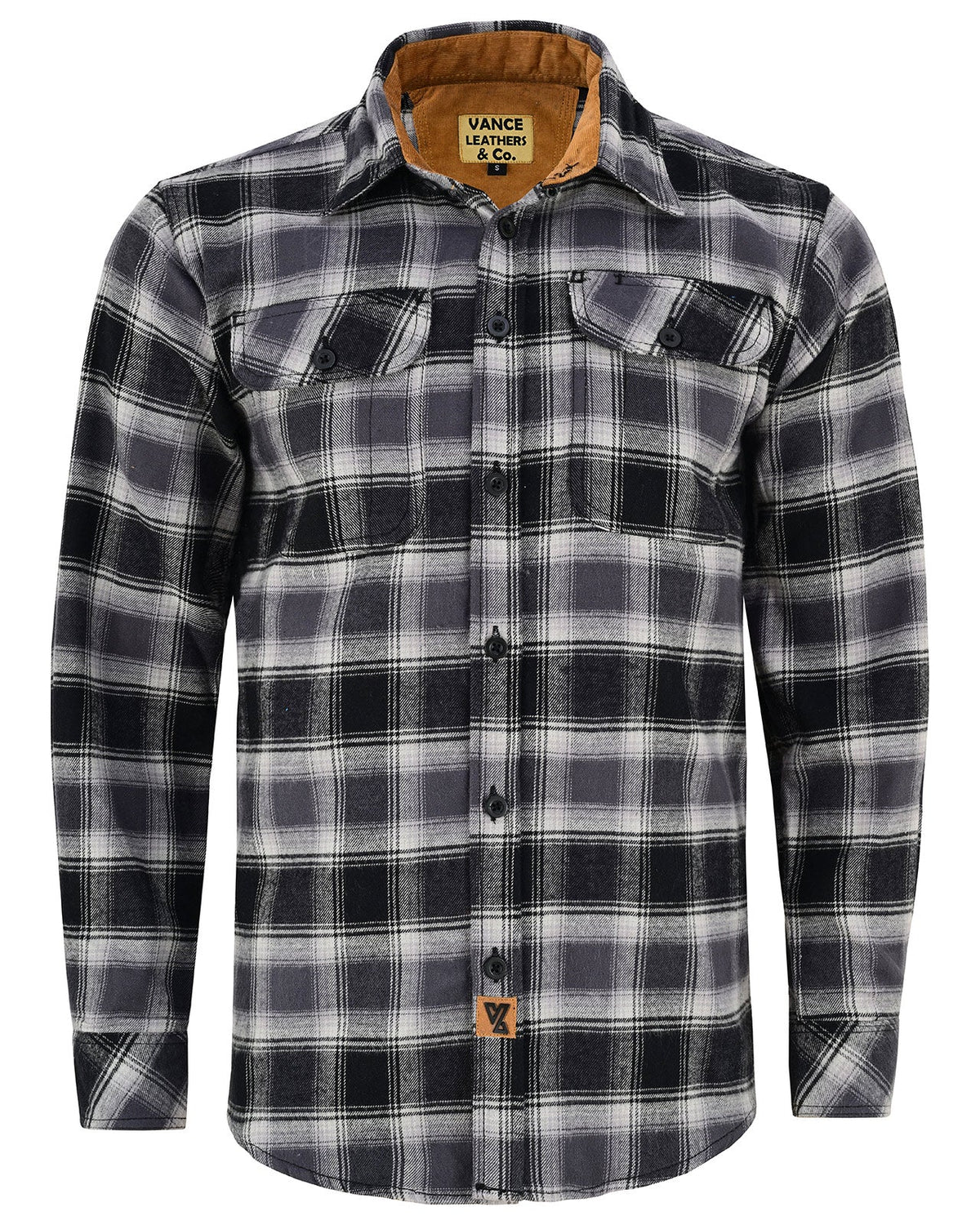Front view of the Castlerock men's gray plaid button down flannel shirt with two flap chest pockets and tan collar lining.
