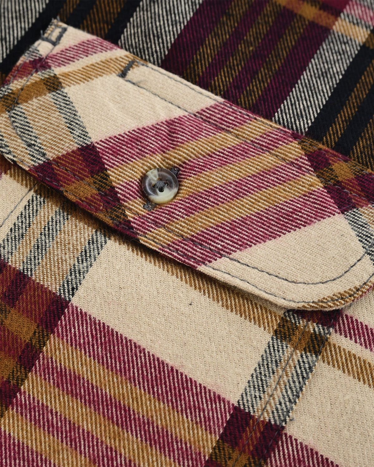 Close-up of the Cedarwood Plaid flannel shirt's button-flap chest pocket, showing diagonal plaid and edge stitching.