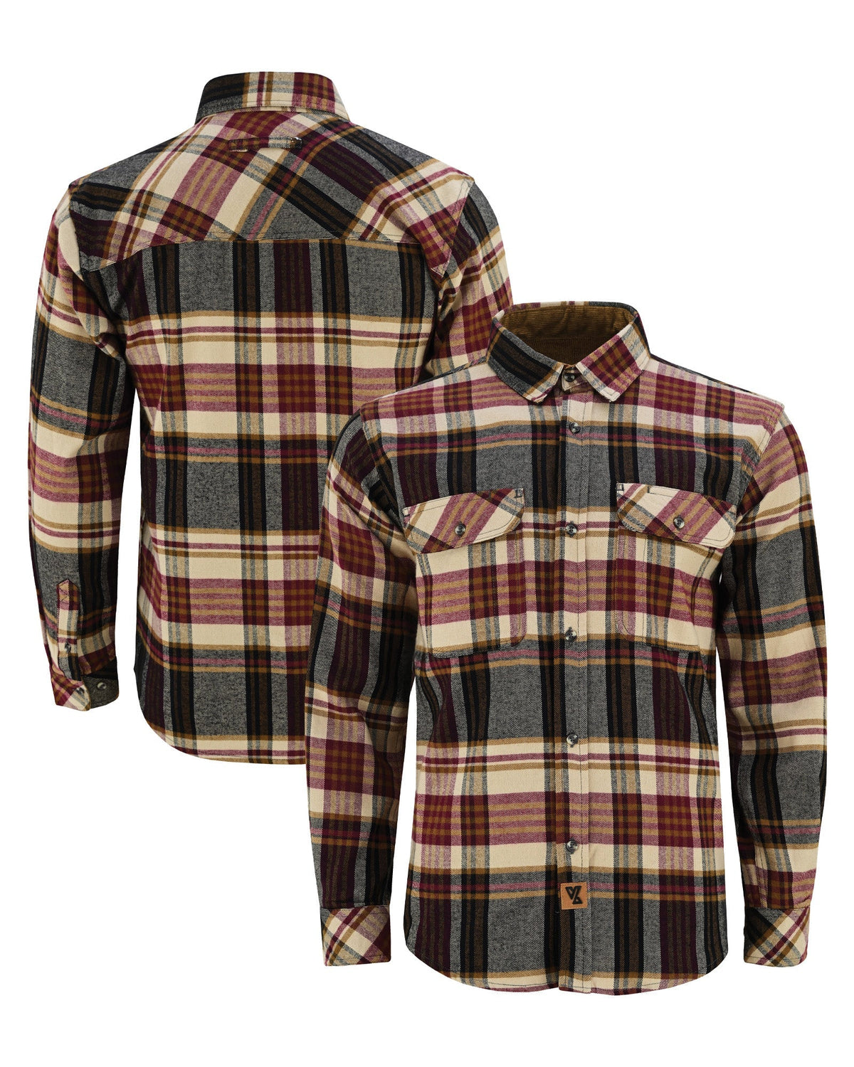 Front and back views of the Cedarwood Plaid flannel shirt showing button-flap pockets and diagonal plaid shoulder yoke.