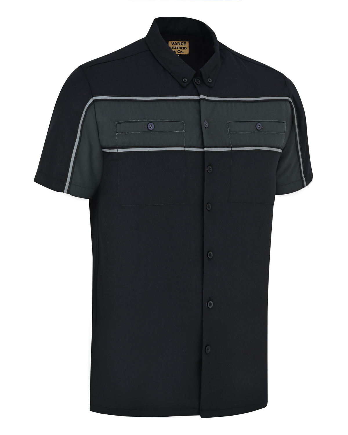 Vance Men's Black Gray Heavy-Duty Button up Mechanic Work Shirt w/ Reflective Strip - side