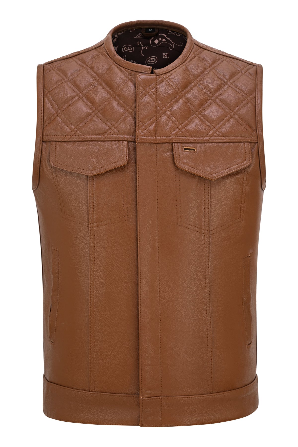 Men's Cognac Brown Leather Motorcycle Riding Club Vest, Diamond Quilted Biker Cut with CCW Pockets