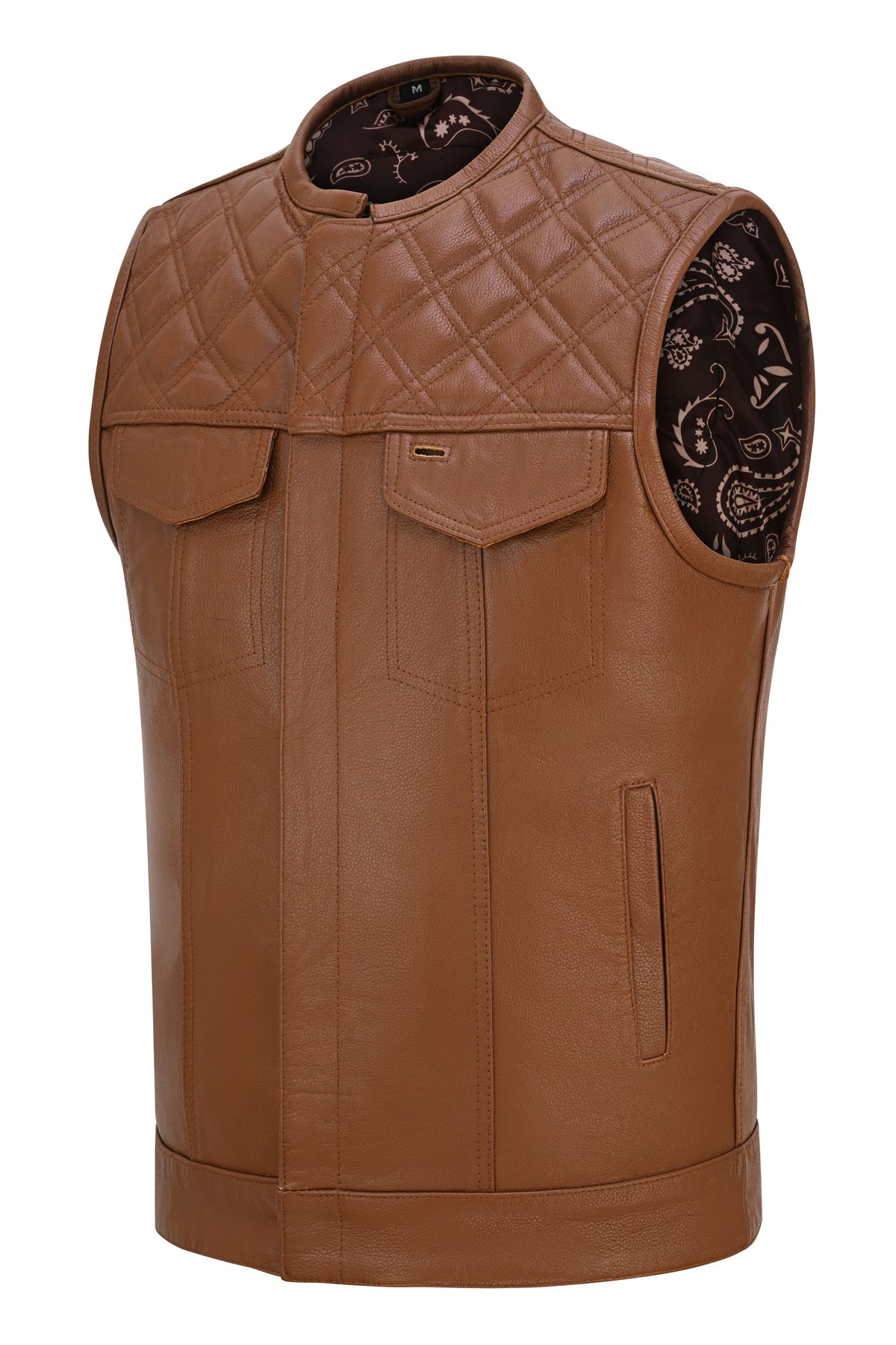 Men's Cognac Brown Leather Motorcycle Riding Club Vest, Diamond Quilted Biker Cut with CCW Pockets
