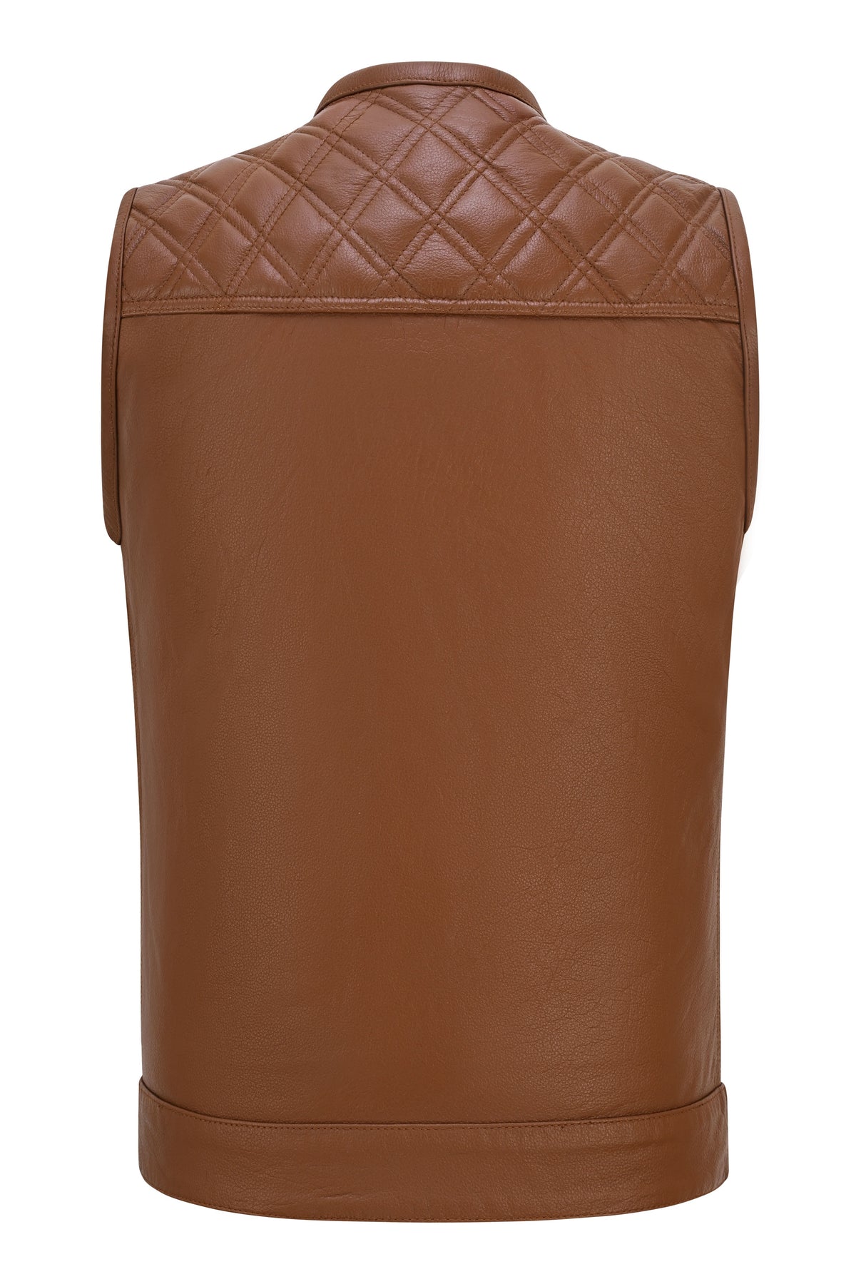 Men's Cognac Brown Leather Motorcycle Riding Club Vest, Diamond Quilted Biker Cut with CCW Pockets
