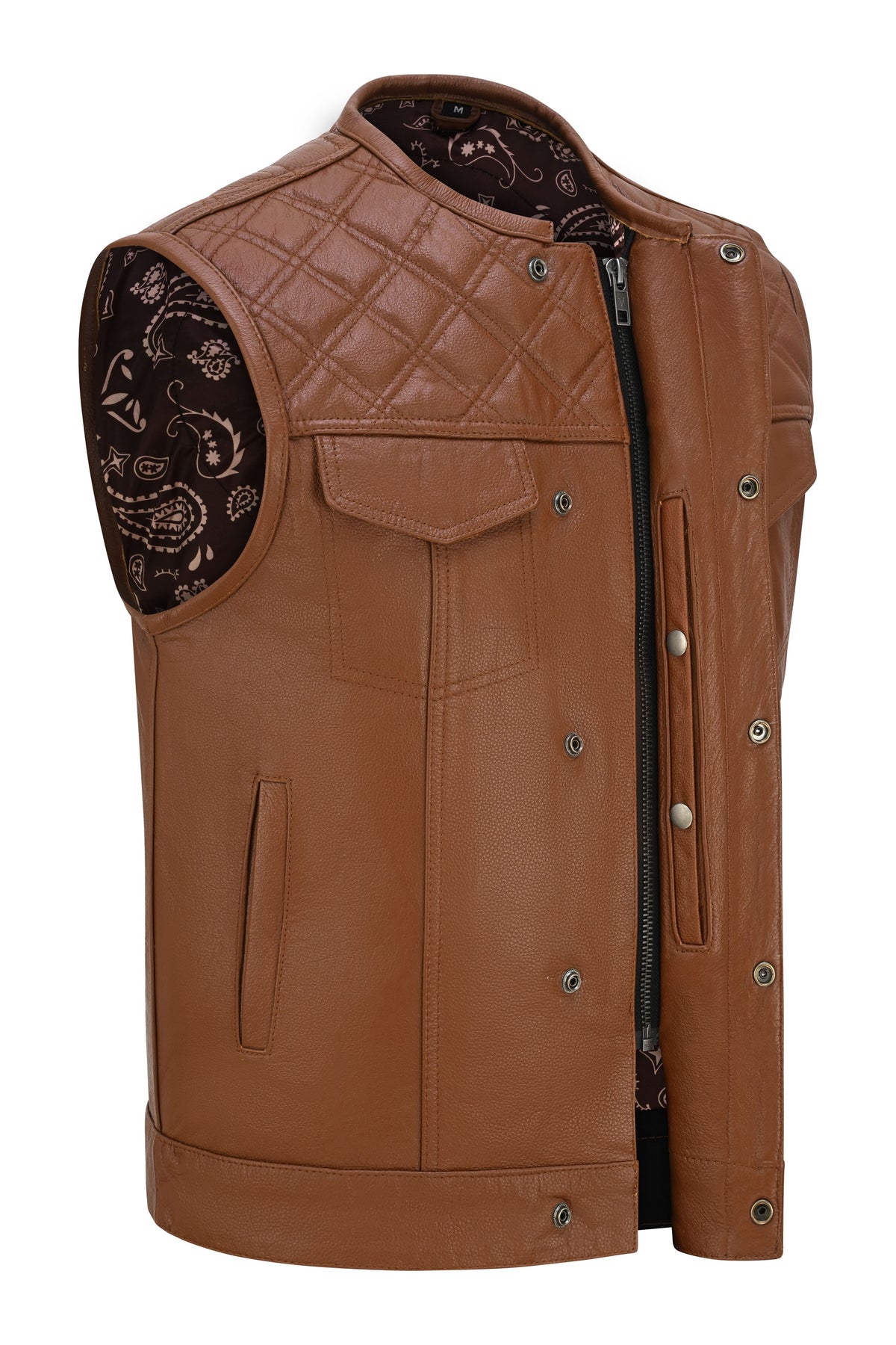 Men's Cognac Brown Leather Motorcycle Riding Club Vest, Diamond Quilted Biker Cut with CCW Pockets
