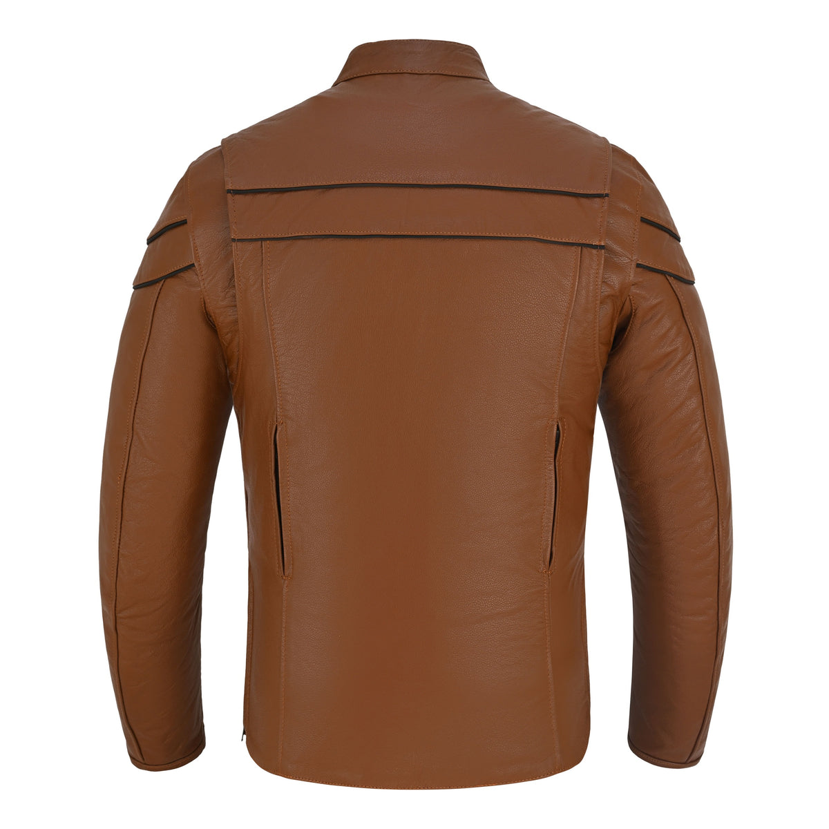 Men's Cognac Brown Premium Cowhide Cafe Racer Leather Motorcycle Jacket with Zipper Vents - Back