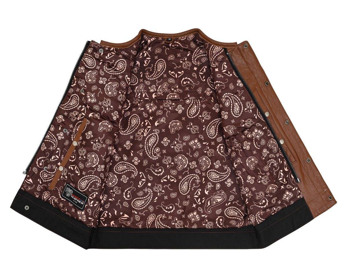 Men's Cognac Brown Leather Motorcycle Riding Club Vest, Diamond Quilted Biker Cut with CCW Pockets