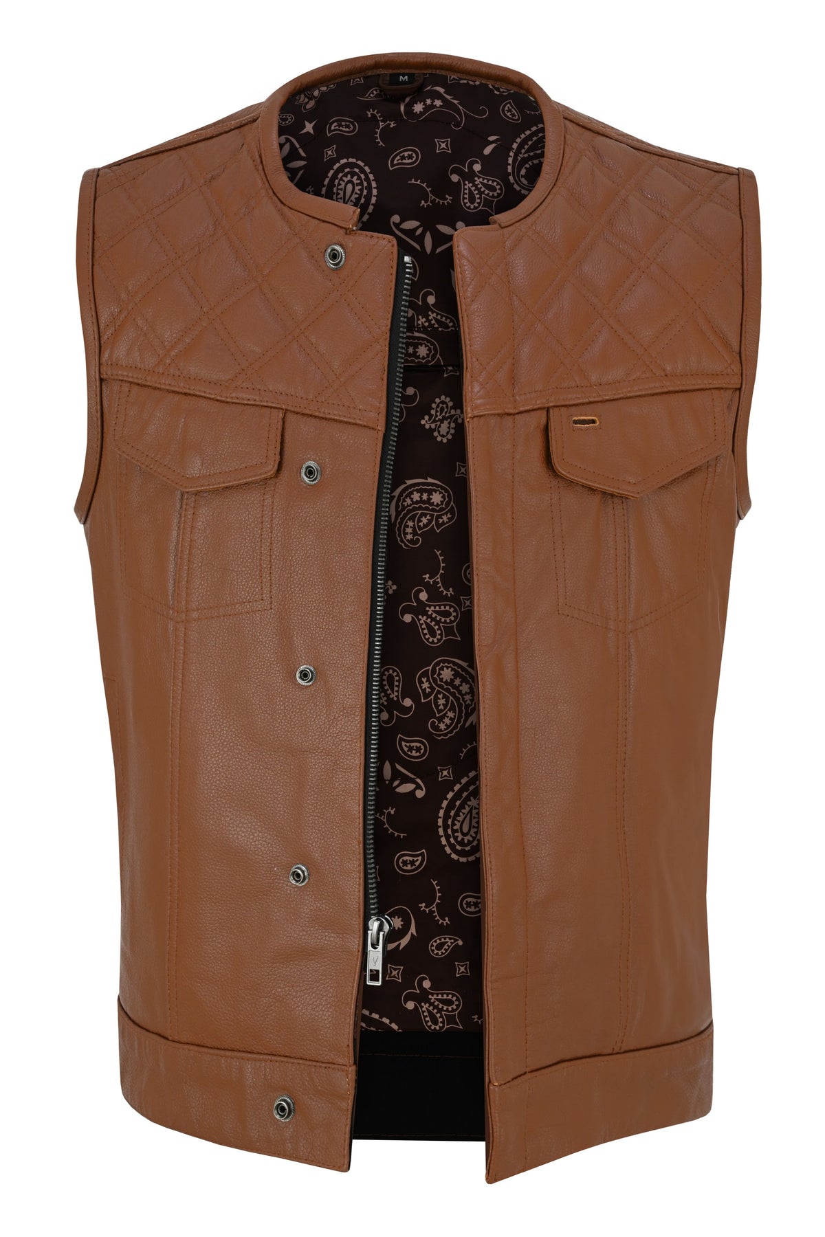 Men's Cognac Brown Leather Motorcycle Riding Club Vest, Diamond Quilted Biker Cut with CCW Pockets