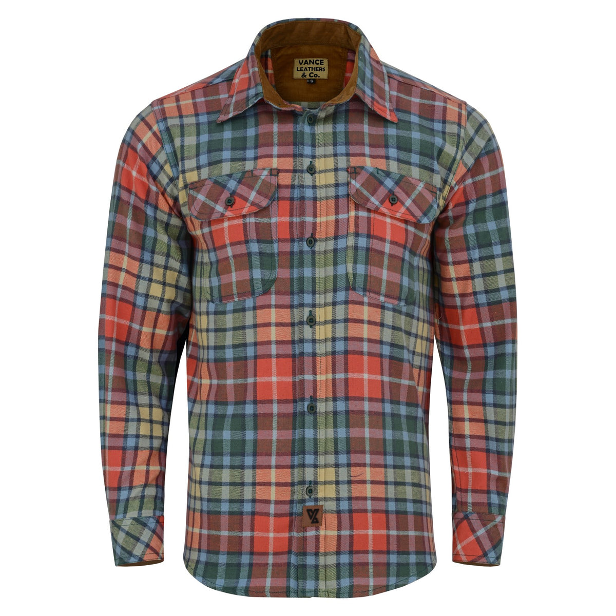 mens-ember-color-long-sleeve-plaid-button-down-casual-flannel-shirt-corduroy-collar-cuffs-front-view
