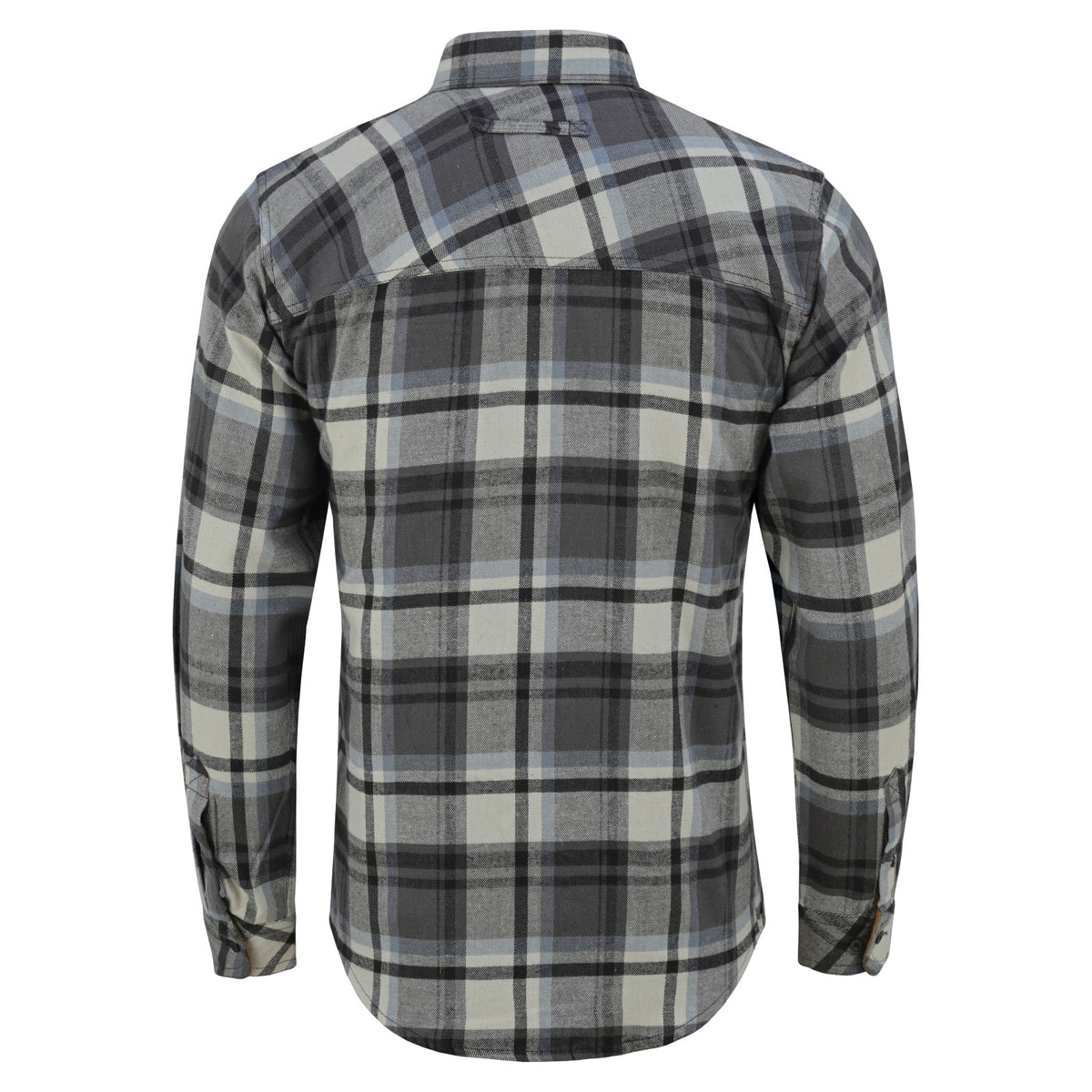 mens-charcoal-checkered-long-sleeve-plaid-button-down-casual-flannel-shirt-corduroy-collar-cuffs-back-view