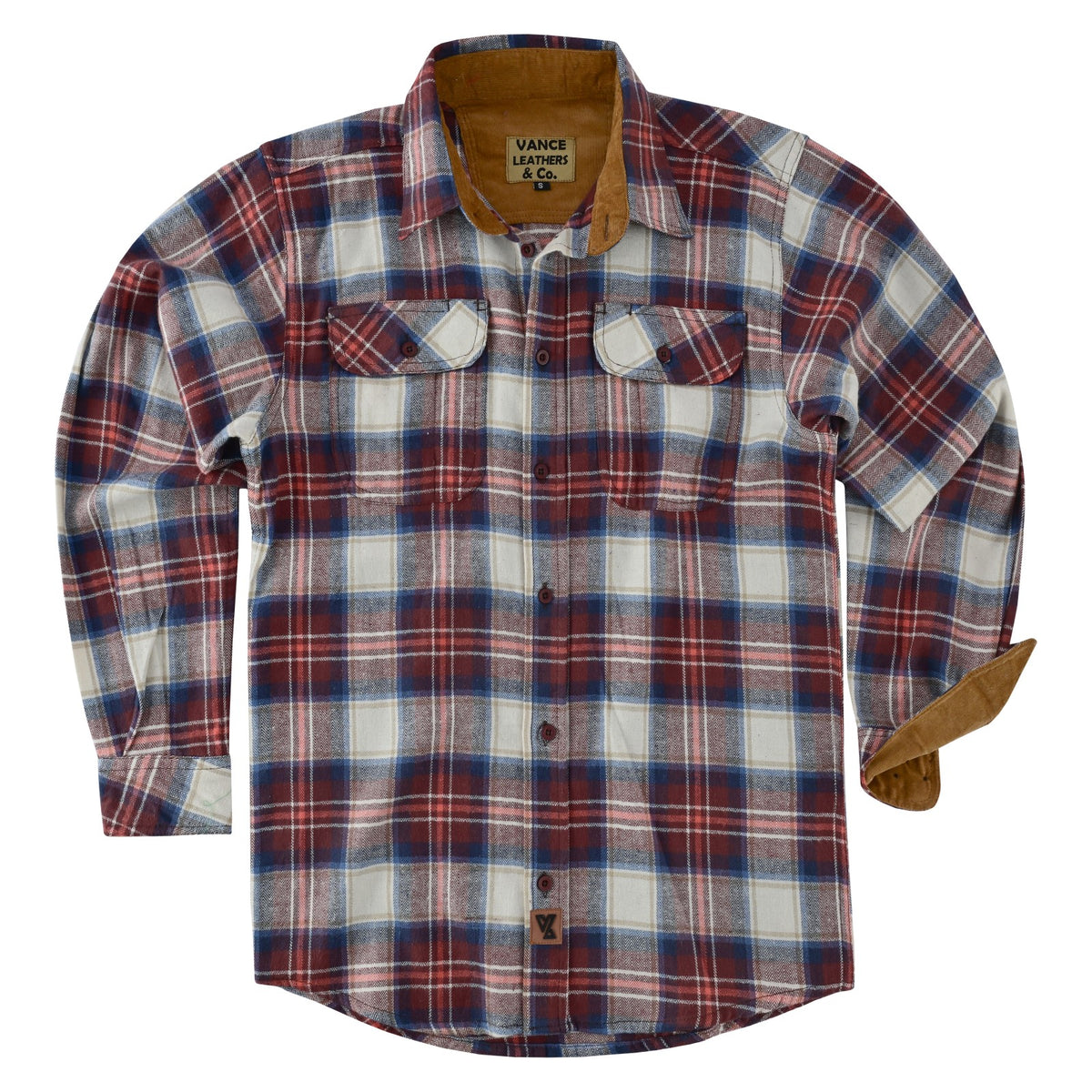 mens-merlot-long-sleeve-plaid-button-down-casual-flannel-shirt-corduroy-collar-cuffs-flat-front-view
