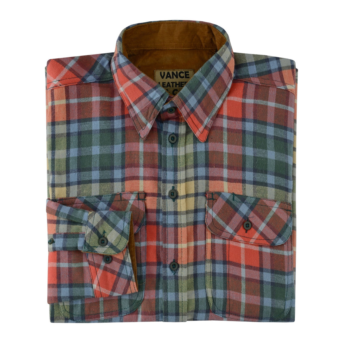 mens-ember-color-long-sleeve-plaid-button-down-casual-flannel-shirt-corduroy-collar-cuffs-folded