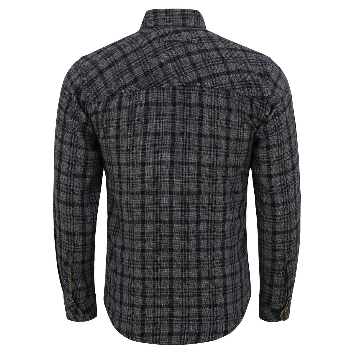 Back view of men's Dark Truffle plaid flannel shirt showing diagonal plaid shoulder panel and curved hem