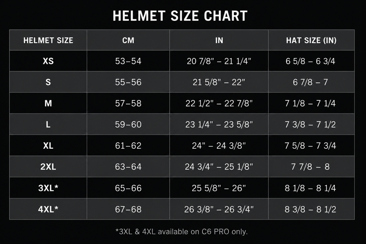 Daytona C6 PRO Helmet Size Chart