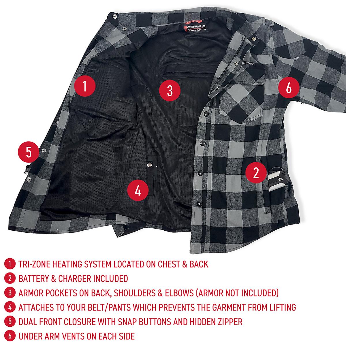 Gerbing Men's 7V Battery Heated Flannel Shirt - Grey - Inside