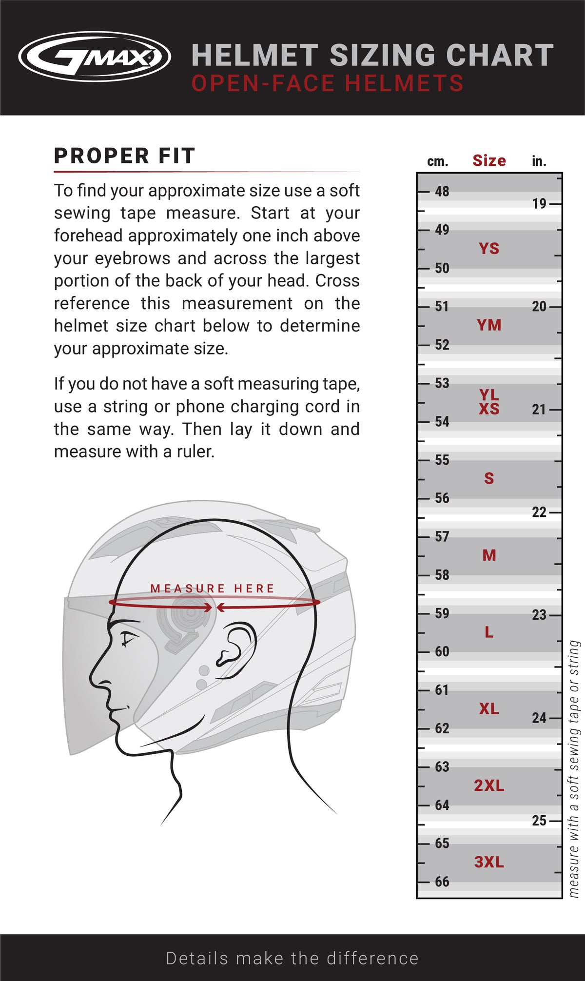 Gmax GM-32 Solid Open Face Motorcycle Helmet - Size & Fit Chart