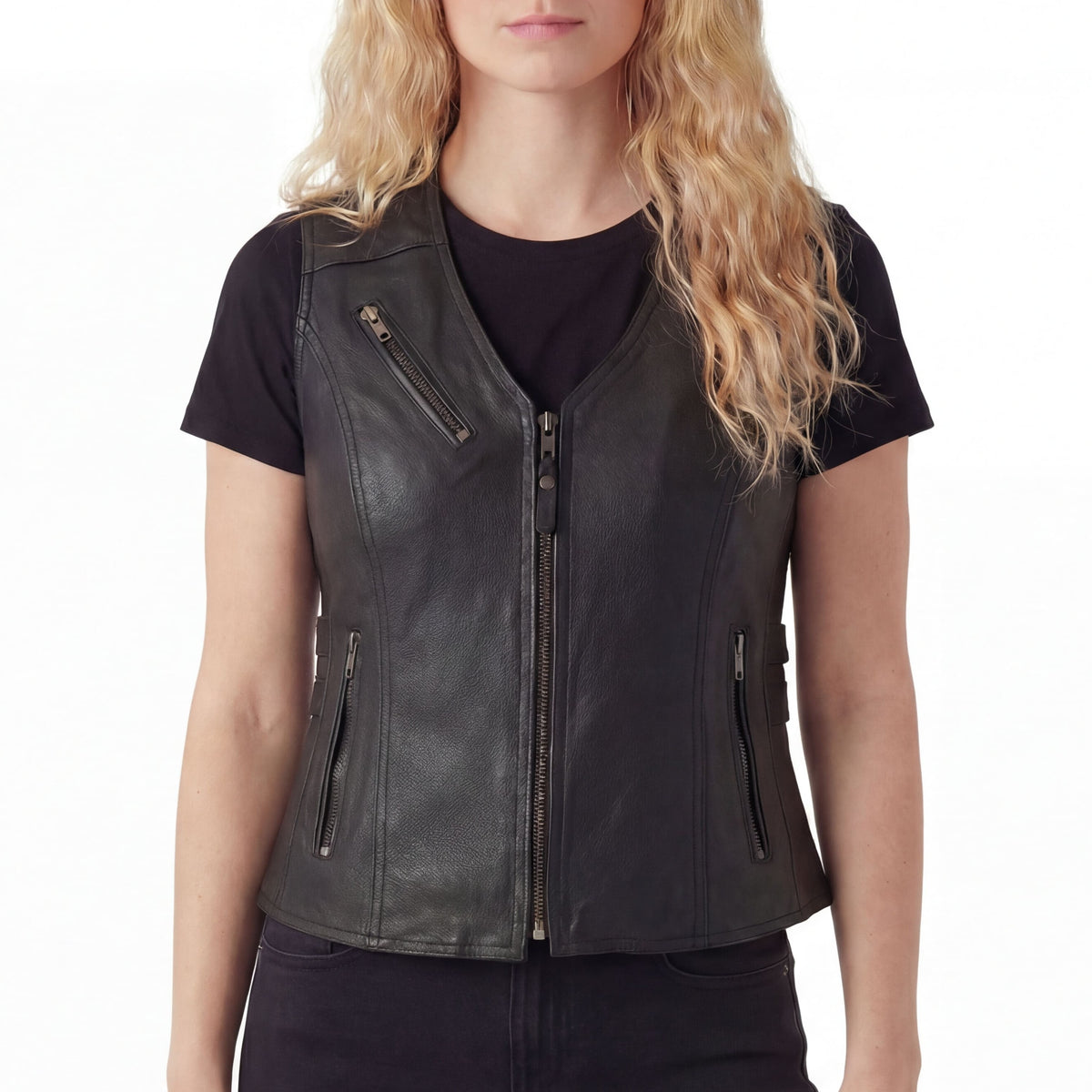 High Mileage Womens Black Premium Cowhide Biker Motorcycle Leather Vest With Buckles - front pose