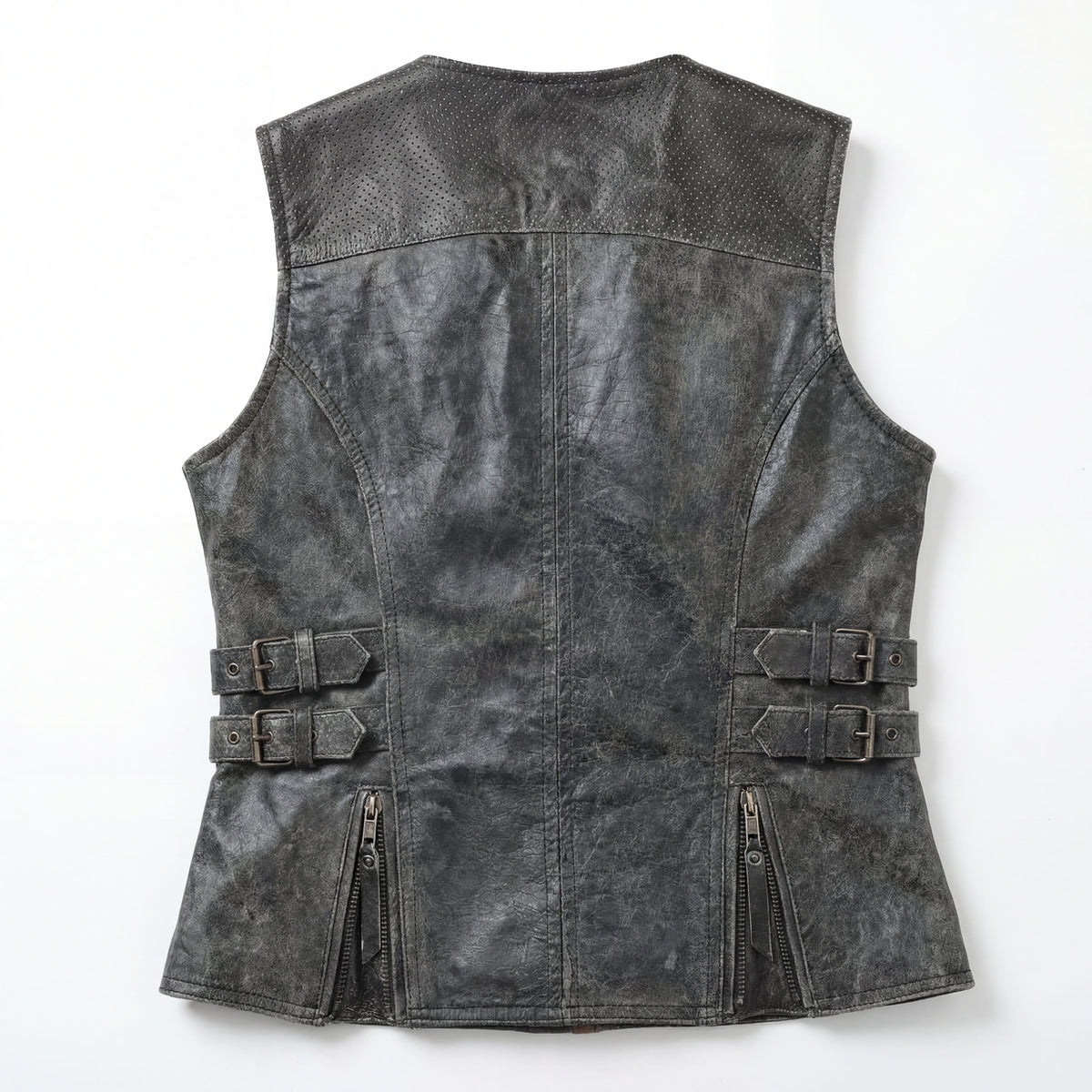 High Mileage Women's Distressed Gray Premium Cowhide Biker Motorcycle Leather Vest With Buckles