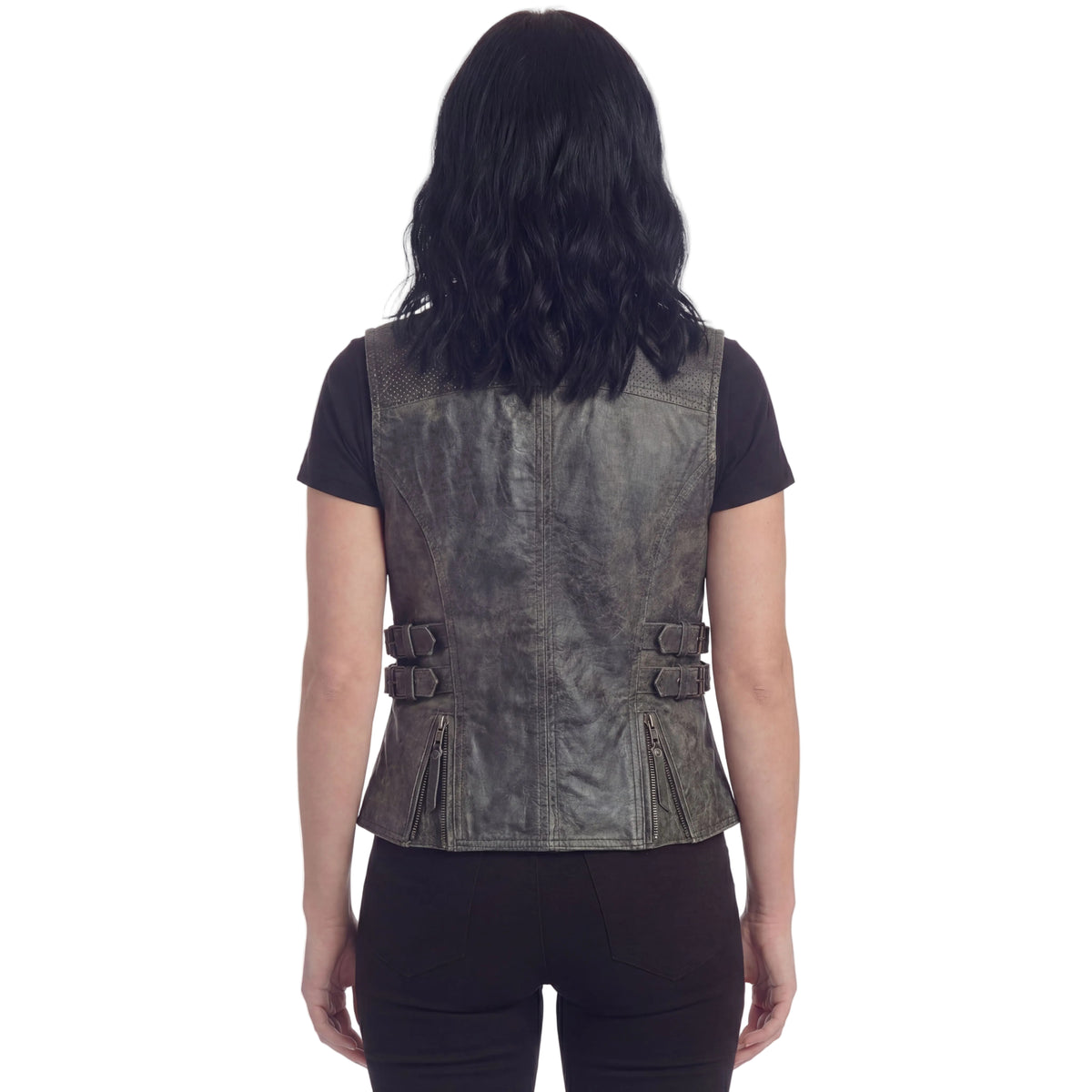 High Mileage Women's Distressed Gray Premium Cowhide Biker Motorcycle Leather Vest With Buckles - Back