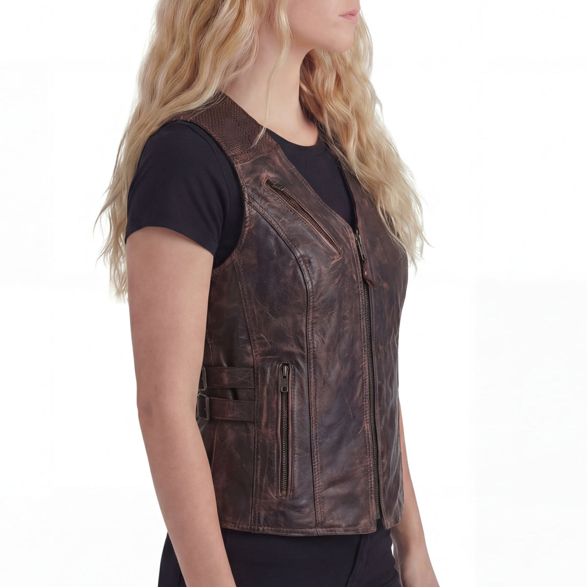 High Mileage Womens Vintage Brown Premium Cowhide Biker Motorcycle Leather Vest With Buckles - side pose