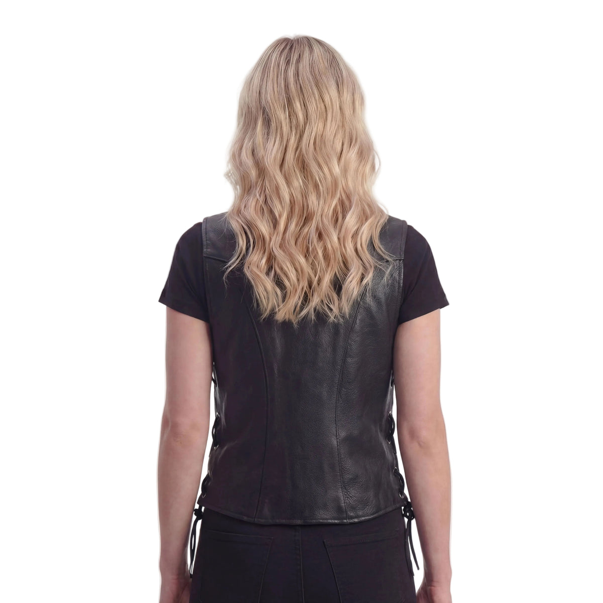 Vance Leathers Womens Black Lady Biker Leather Motorcycle Vest - back pose