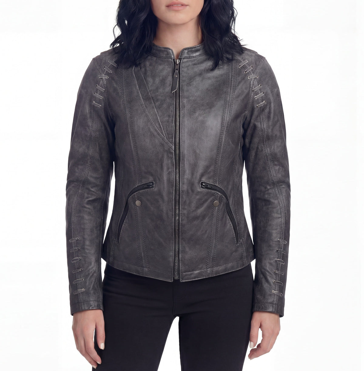 High Mileage Women's Lace and Grommet Detail Distressed Gray Goat Skin Leather Lady Biker Motorcycle Fashion Jacket
