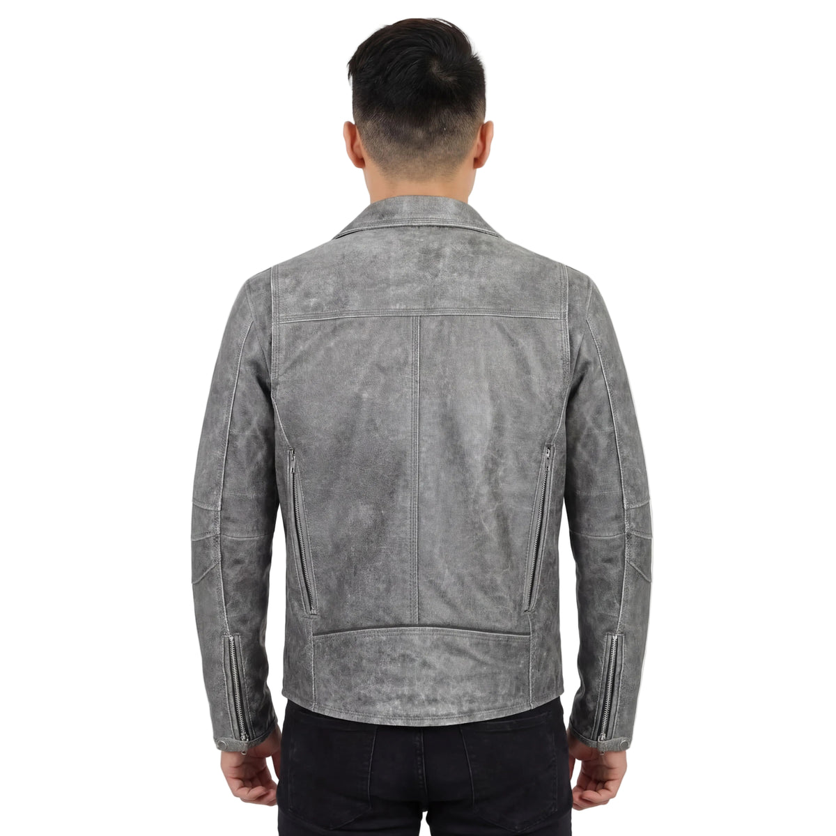 High Mileage Mens Beltless Dual CCW Distressed Gray Premium Cowhide Leather Biker Motorcycle Jacket
