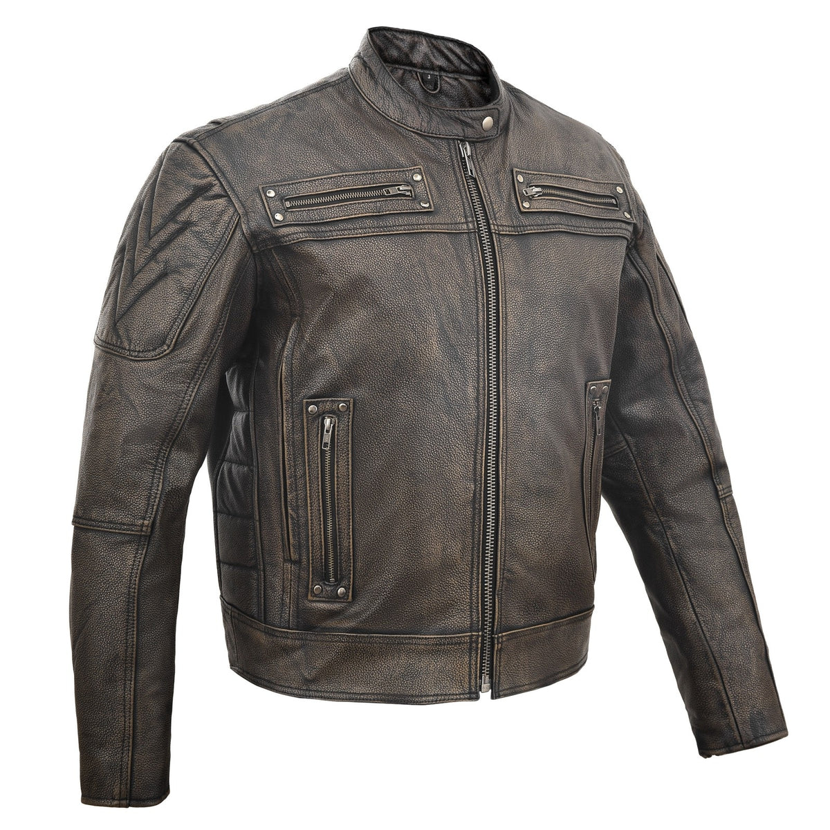 High Mileage Men's Distressed Brown Premium Cowhide Vented and Padded Biker Scooter Jacket