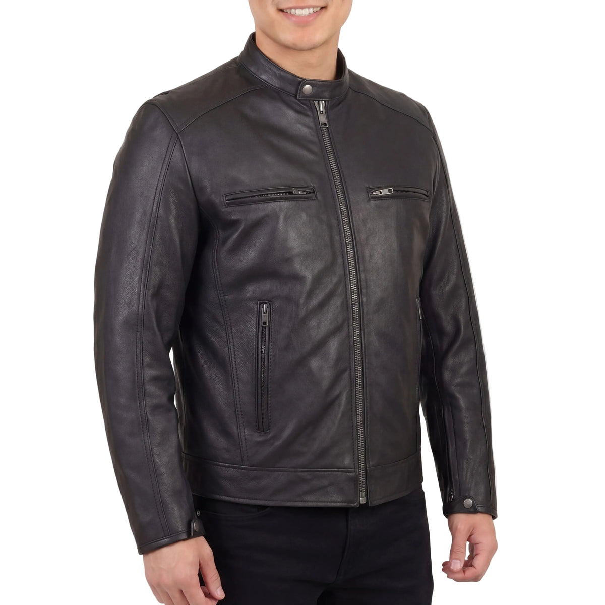 High Mileage Men's Premium Black Leather 'Racer Commuter' Scooter Motorcycle Jacket - side pose