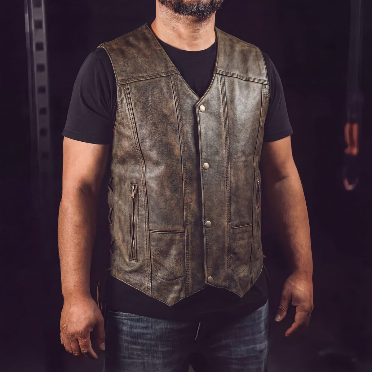 High Mileage Mens Distressed Brown Premium Cowhide Ten Pocket Leather Motorcycle Vest