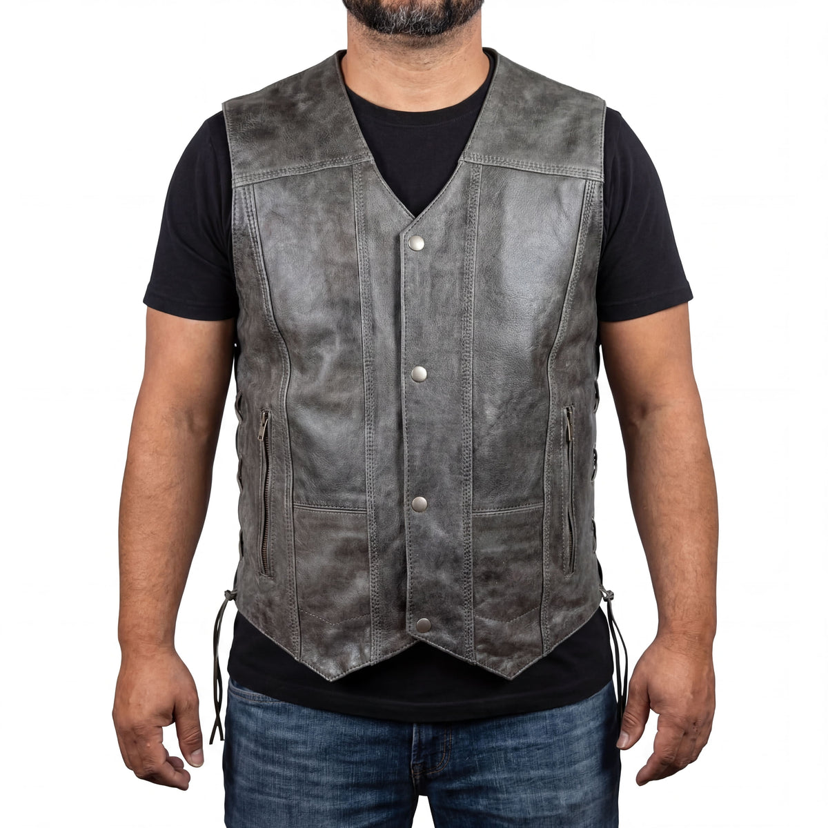 High Mileage Men's Distressed Gray Premium Cowhide Ten Pocket Leather Motorcycle Vest
