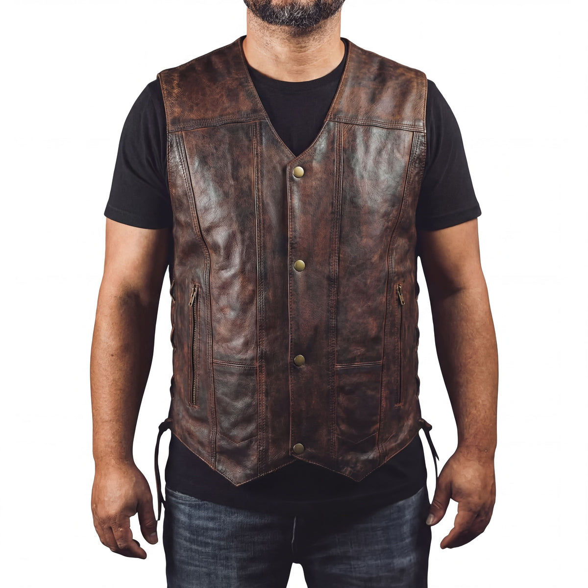 High Mileage Mens Vintage Brown Premium Cowhide Ten Pocket Leather Motorcycle Vest
