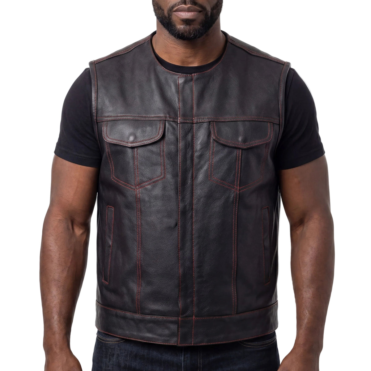 High Mileage Men's Black Premium Cowhide Leather SOA Style Club Vest With Quick Access Conceal Carry Pocket and Red Liner - front pose