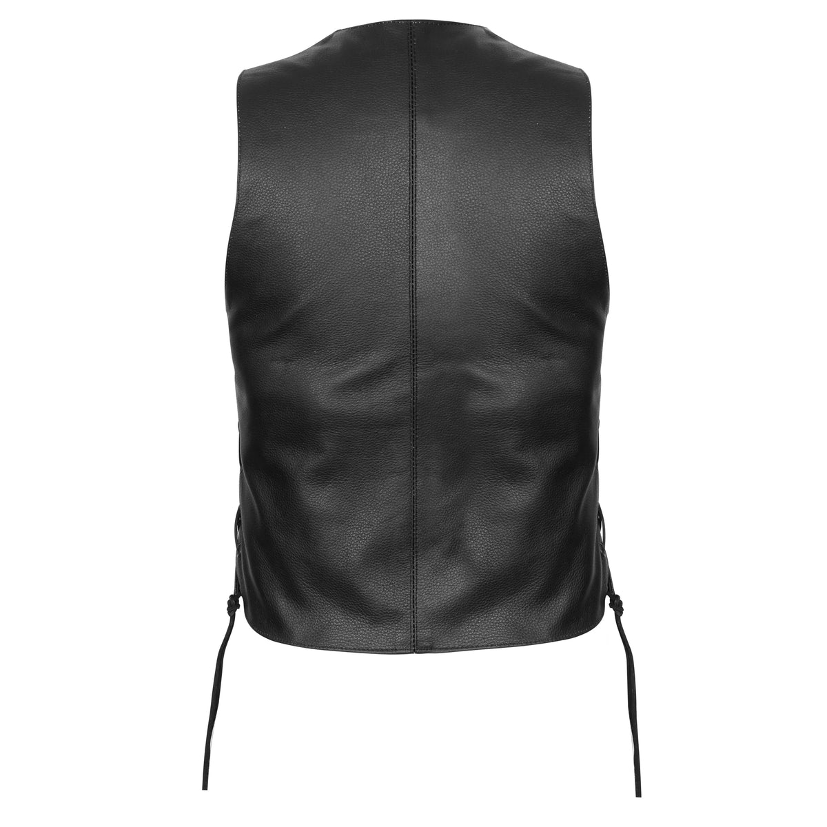 Back view of Vance side lace cowhide leather vest showing clean back panel for motorcycle patches
