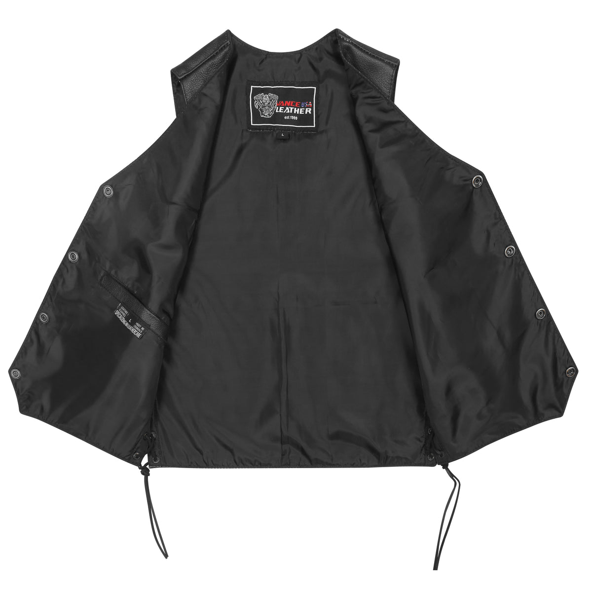 Interior polyester lining and inside storage pocket of Vance cowhide leather riding vest