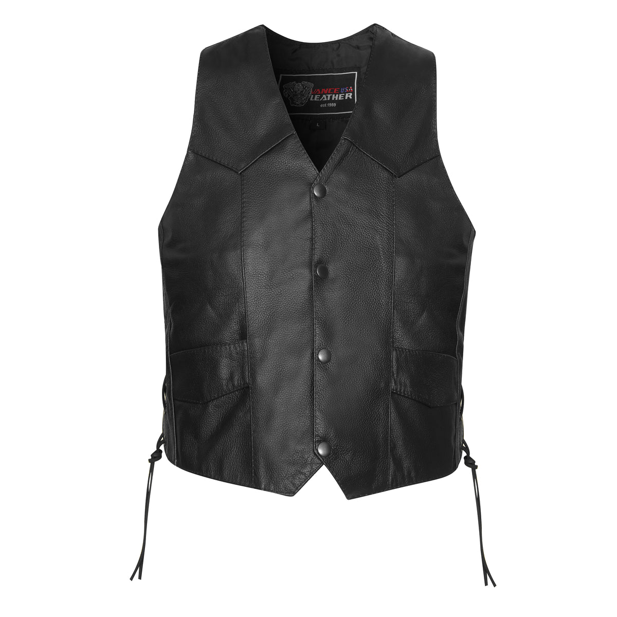 Front view of Vance Men's Cowhide Leather Side Lace Motorcycle Vest with 4-snap closure