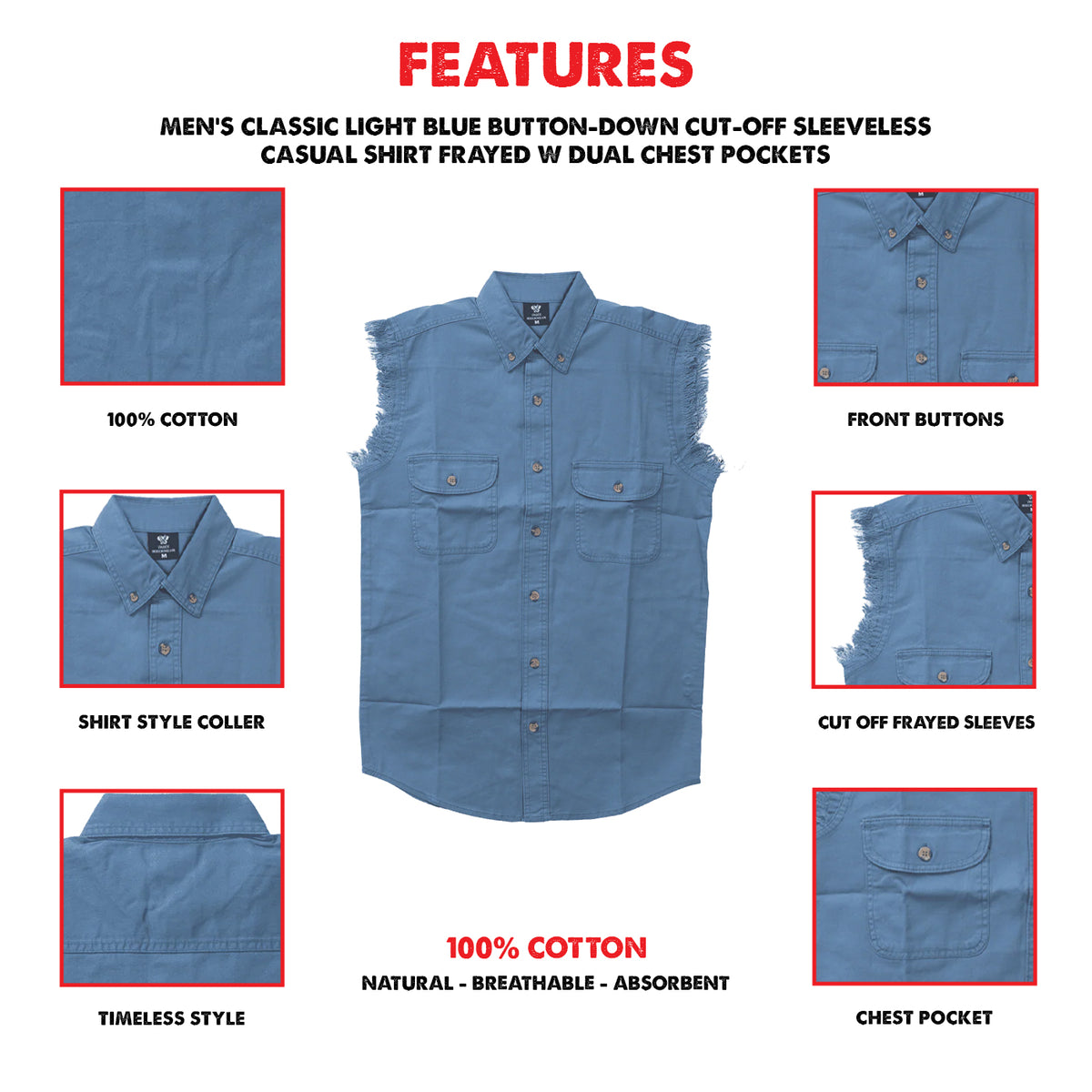 Vance - Men's Biker Motorcycle Light Blue Cut Off Sleeveless Shirt