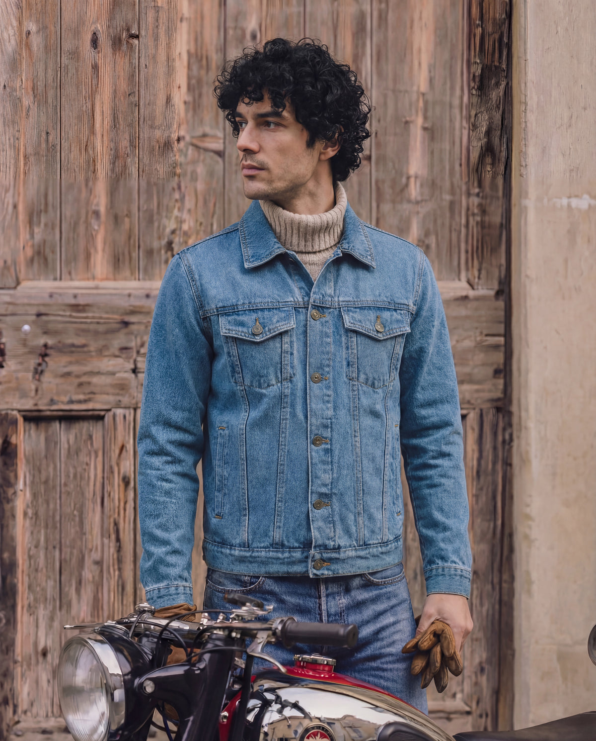 Man wearing Light blue Denim jacket 