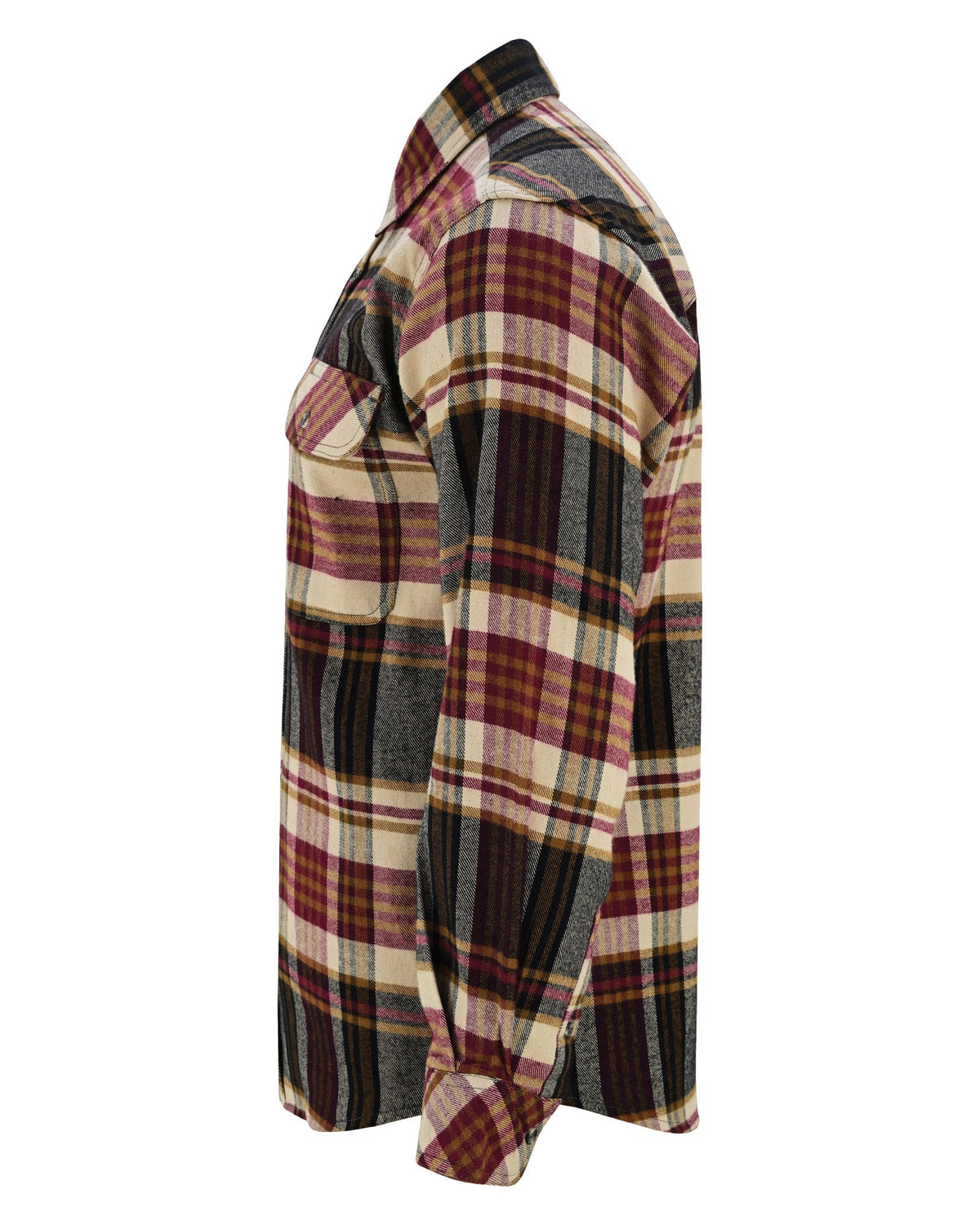 Side profile of the men's Cedarwood Plaid long sleeve flannel shirt showing sleeve, buttoned cuff and curved hem.