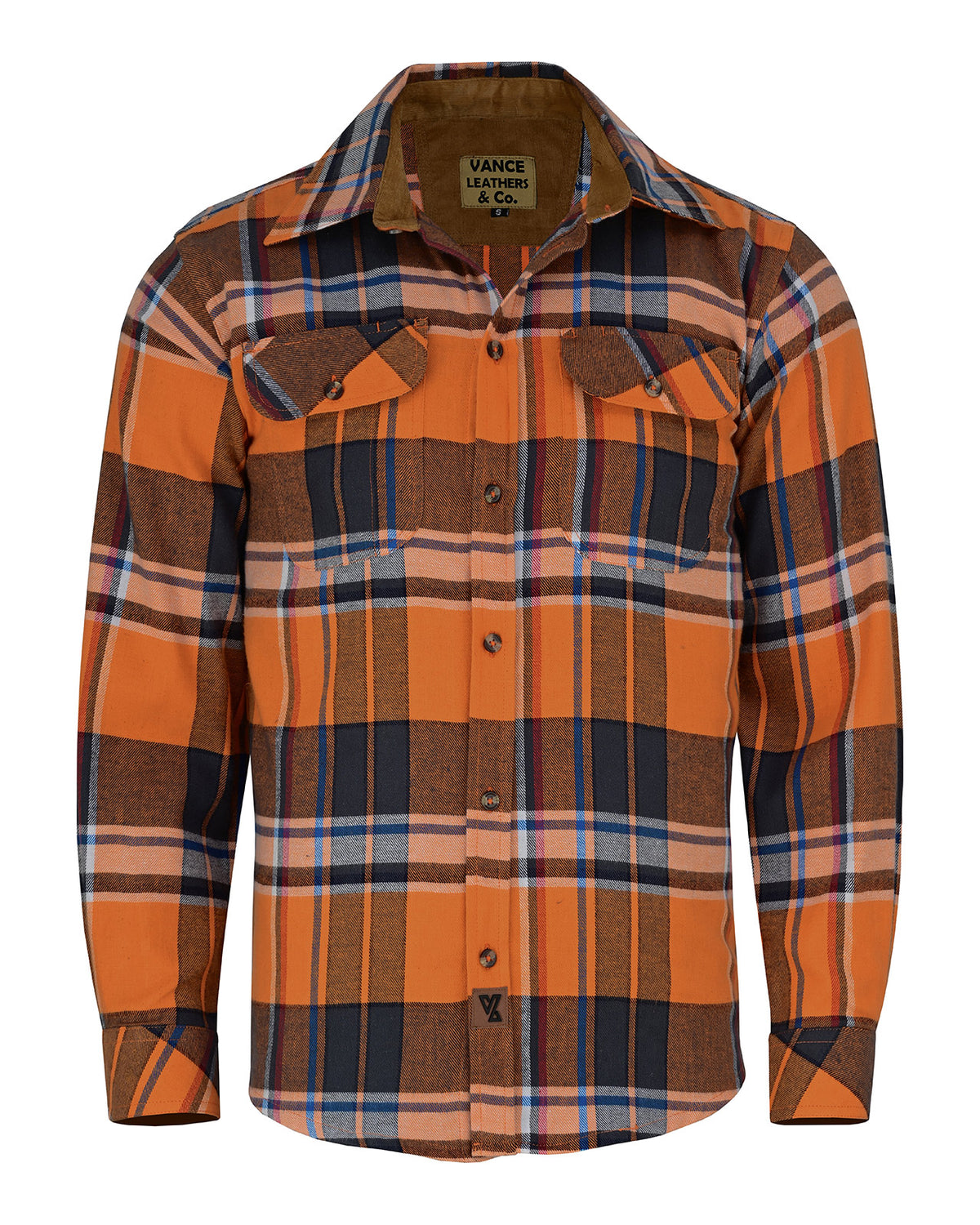 Full front view of the men’s Cobalt orange and brown plaid flannel shirt with long sleeves, flap pockets and buttoned cuffs.