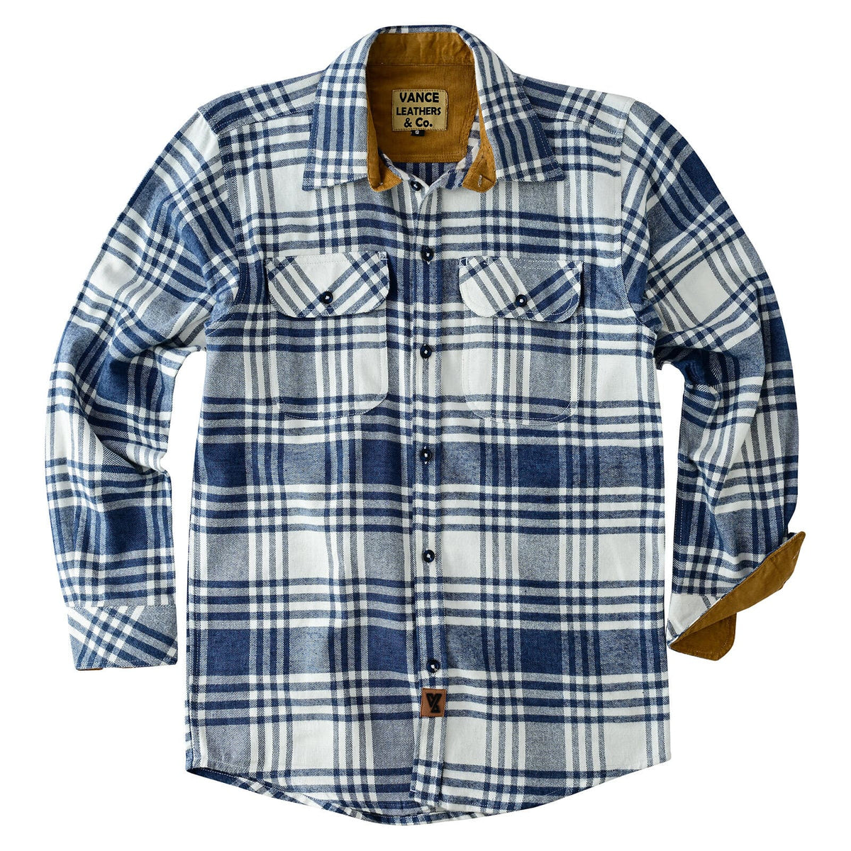 Glacier blue and white plaid flannel shirt laid flat, showing front buttons, chest pockets and tan corduroy cuff lining.
