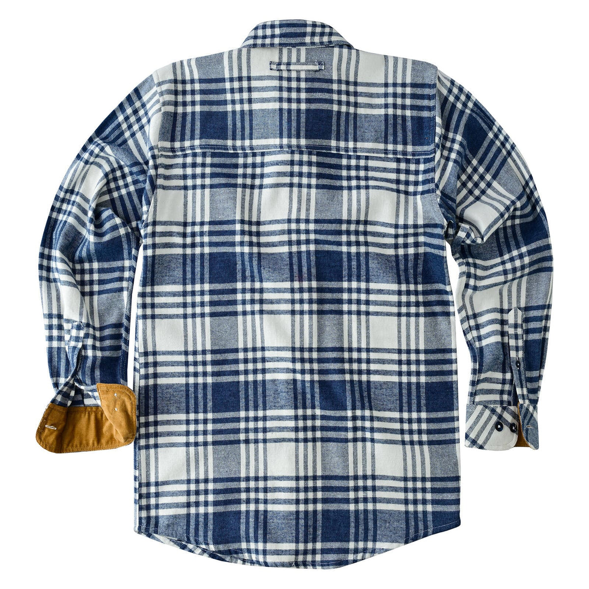 Back flat lay of the Glacier blue and white plaid flannel shirt showing shoulder yoke, hanging loop and open cuffs.