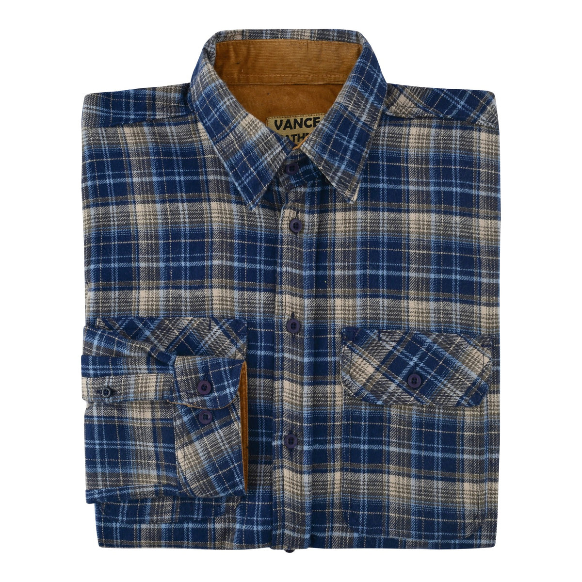 Folded Keen Midnight navy and tan plaid flannel shirt showing tan corduroy collar lining and buttoned cuff.